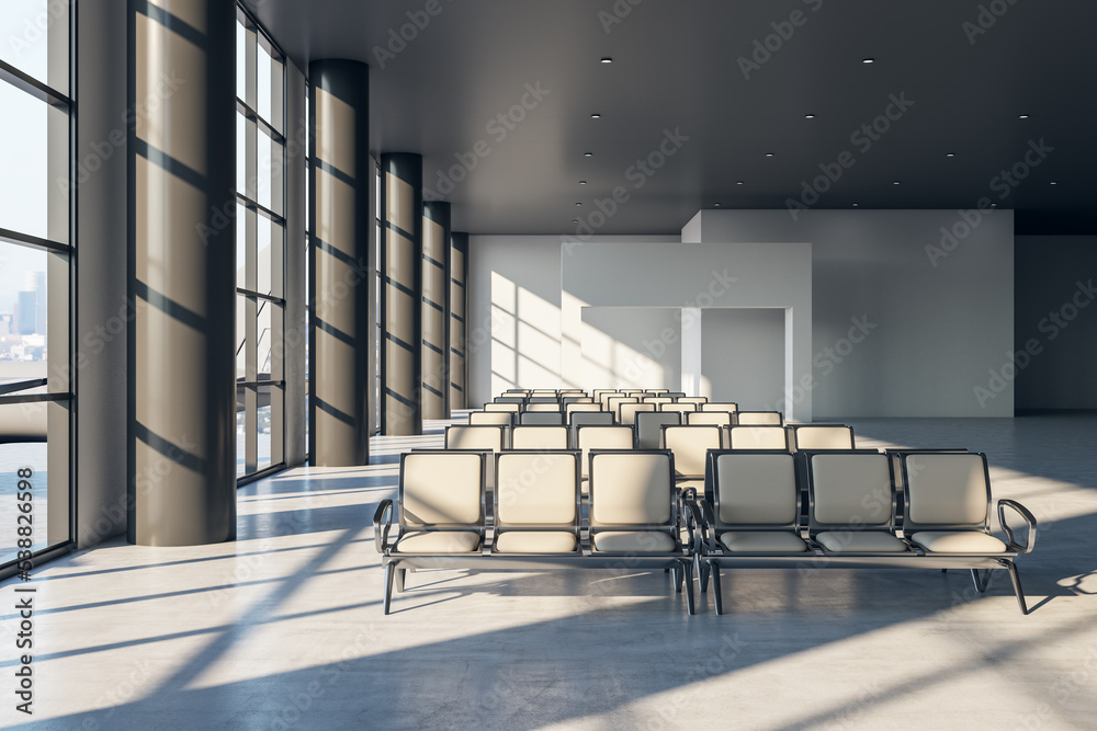 Poster Front view on stylish airport seats in sunlit empty waiting area hall with big panoramic windows and concrete floor. 3D rendering