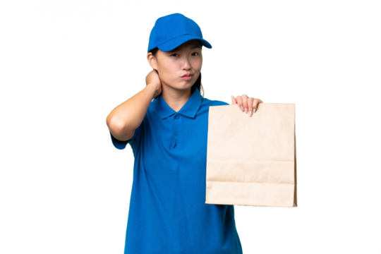 Young Asian woman taking a bag of takeaway food over isolated background having doubts