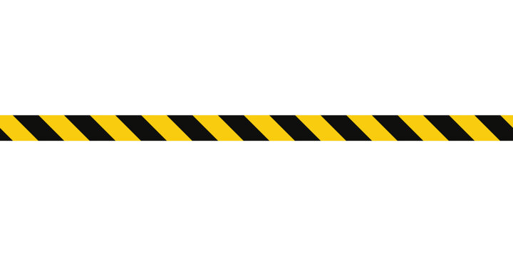 Warning tape with yellow and black diagonal stripes. Warn stop seamless line. Yellow and black caution tape border. Long danger ribbon.Vector illustration on white background.