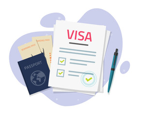 Visa application approved with stamp and passport tickets vector for international foreign travel flat graphic illustration image