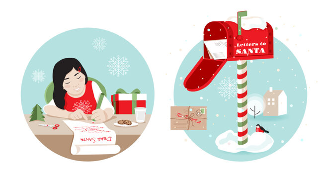 Little girl writing a Christmas wish list letter for Santa Claus. Traditional red vintage mailbox decorated for winter holidays, letters from kids to Santa. Set of round framed vector illustrations