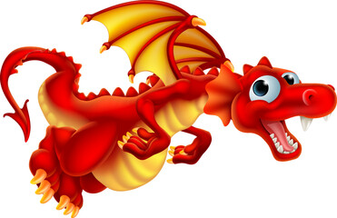 A cute red dragon cartoon character flying fantasy mascot