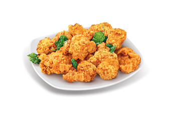 Fried chicken on plate, isolated on white background, realism, photo realistic