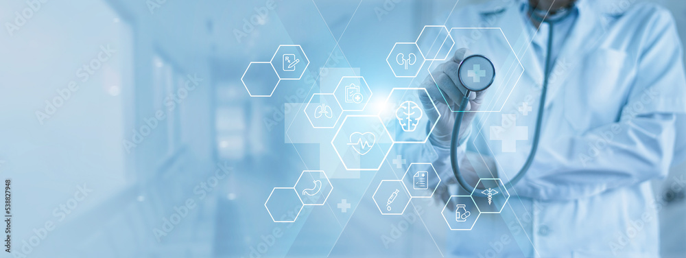 Poster growth potential for health tech amid demand for health services with more. medicine doctor with ste