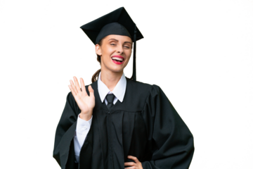 Young university graduate  caucasian woman over isolated background saluting with hand with happy expression