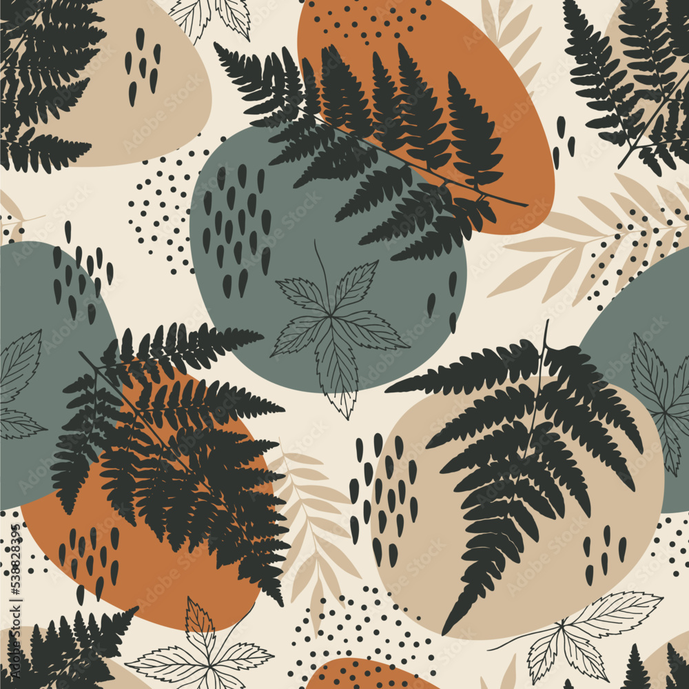 Wall mural abstract seamless pattern with fern leaves. vector background for various surface. trendy hand drawn