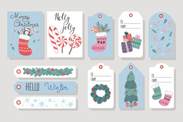 Set of Christmas tags, cards and labels with holiday elements. Christmas tags for gifts with Christmas tree, sock and candy