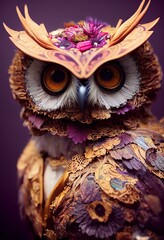 Illustration of autumn magical owl with whimsical plumage made from dry leaves - 538828366