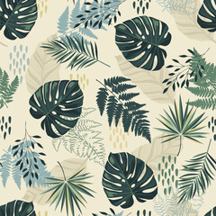 Tropical exotic floral silhouette green leaves seamless pattern background. Exotic jungle wallpaper