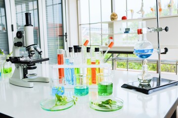 Laboratory Equipment on Table: Microscope, Flasks, Tubes, and More