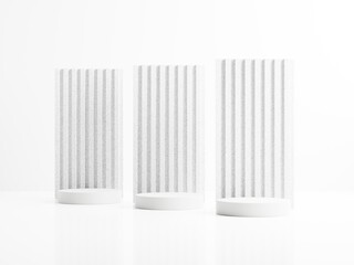 3d white ceramic display podiums isolated on white background. 3d rendering of abstract presentation for product advertising. 3d illustration.