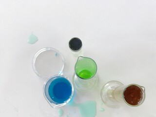 Top view of glassware Laboratory scientist research background. Chemical and biochemistry background.