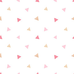 Watercolor seamless pattern with flags, hand painted pink and beige triangles for children's textiles, prints on a white background
