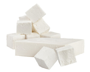 Feta, Greek cheese cubes, isolated on white background, clipping path, full depth of field