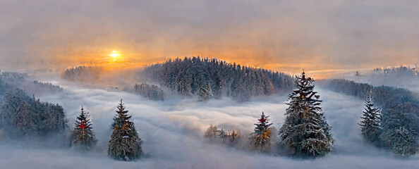 foggy winter sunrise in carpathian mountains with snow - obrazy, fototapety, plakaty