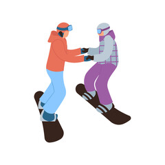 Fototapeta na wymiar Snowboarder with coach in training to learn to ride