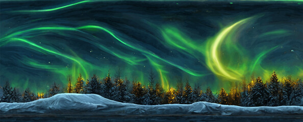 green aurora lights over winter terrain, beautiful. - obrazy, fototapety, plakaty