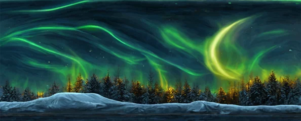 Fotobehang green aurora lights over winter terrain, beautiful. © Oleksii