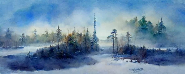 Poster landschap van mistige bos winterheuvel, wilde natuur. © Oleksii