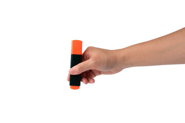 Hand holding orange marker on transparent background.