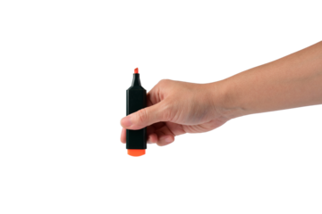 Hand holding open orange marker on transparent background.