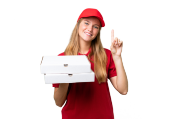 Young caucasian pizza delivery woman with work uniform picking up pizza boxes over isolated background showing and lifting a finger in sign of the best