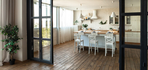 Airy light kitchen or dining room interior design in modern Scandinavian minimalistic style, banner...