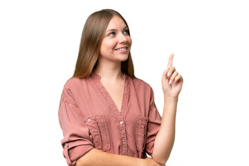 Young beautiful blonde woman over isolated background pointing up a great idea