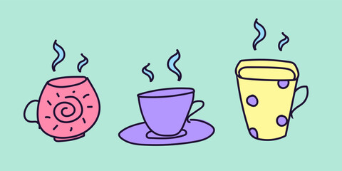 Three different tea cups, vector clipart with doodles on the background of paint spots.