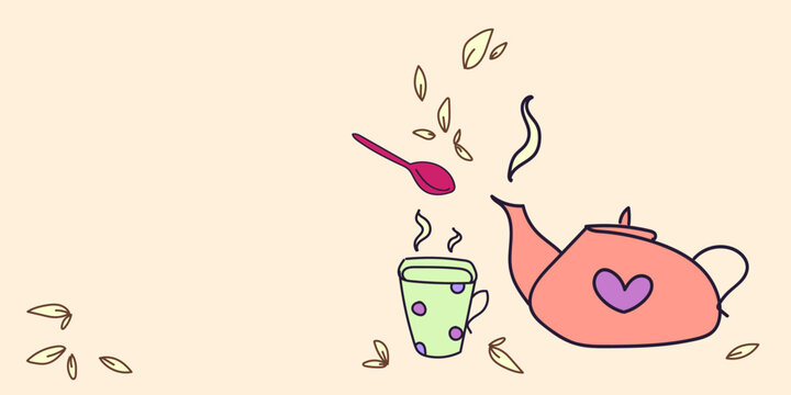 Teapot cups and spoon, with a place to insert, vector clipart with doodles, delicate color combinations.