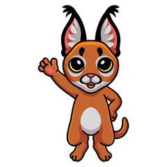 Cute caracal cat cartoon waving hand