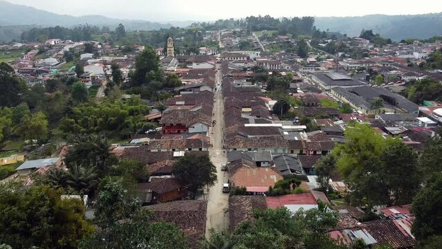 Colombia - Drone aerial view of Salento country village in zona Cafetera - touristic attraction for Cocoa Valley and Coffee plantation 