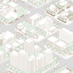 街並みの立体図. 都市の景観. 線画のイラスト.