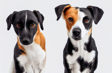 Two cute dogs, frontal portraits, minimalist on white background, 3d illustration