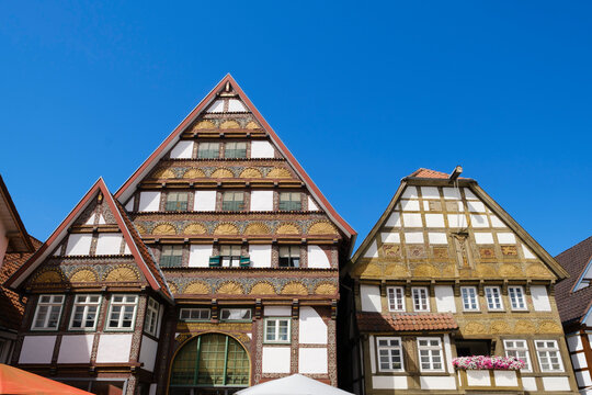 Germany, North Rhine-Westphalia, Bad Salzuflen, Facades of historic half-timbered houses