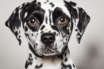 Close-up of a cute and minimalist dalmatian puppy, white background, 3d illustration