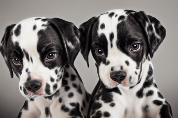 Two small dalmatian dogs or puppies, cute and minimalist, white background, 3d illustration