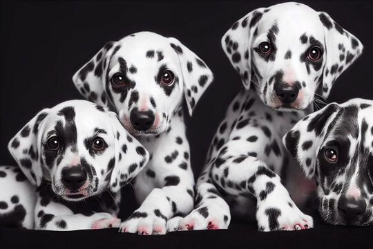 Litter of little dalmatian puppies, black and white spotted dog, cute, 3d illustration