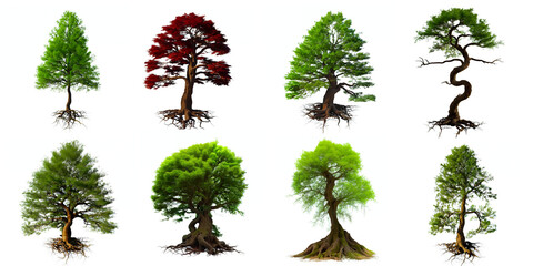 tree collection, set of beautiful plants with roots, 3d nature illustration - obrazy, fototapety, plakaty
