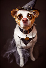 Dog dressed up with a witch costume for halloween, portrait with studio background, 3d illustration