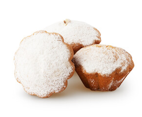 Three delicious muffins cake with raisin and powdered sugar isolated on white background with clipping path