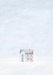 Cute winter landscape. Winter banner. Snowy valley. Horizontal landscape. House in the field. Gouache illustration.