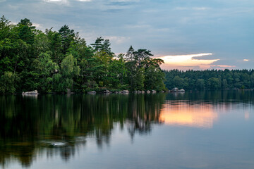Fototapeta na wymiar Scenic view of calm lake and trees in forest against cloudy sky during sunset