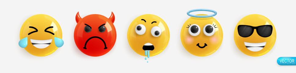 Emotion Realistic 3d Render. Set Icon Smile Emoji. Vector yellow glossy emoticons.