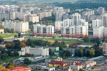 Fototapeta na wymiar aerial panoramic view from height of a multi-storey residential complex and urban development