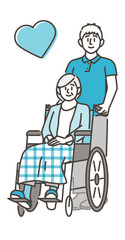 Smiling senior woman in wheelchair and male caregiver (home helper) [Vector illustration].