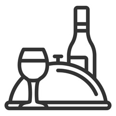 A bottle, a glass of wine and dinner under a hood - icon, illustration on white background, outline style