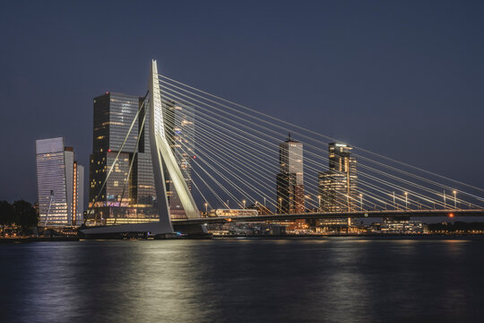 Netherlands, South Holland, Rotterdam, Erasmus Bridge at night