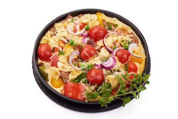 Farfalle Pasta with Grilled Vegetables, close-up, isolated on white background.