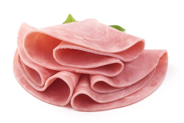 Thinly Sliced Ham, boiled sausage, isolated on white background.